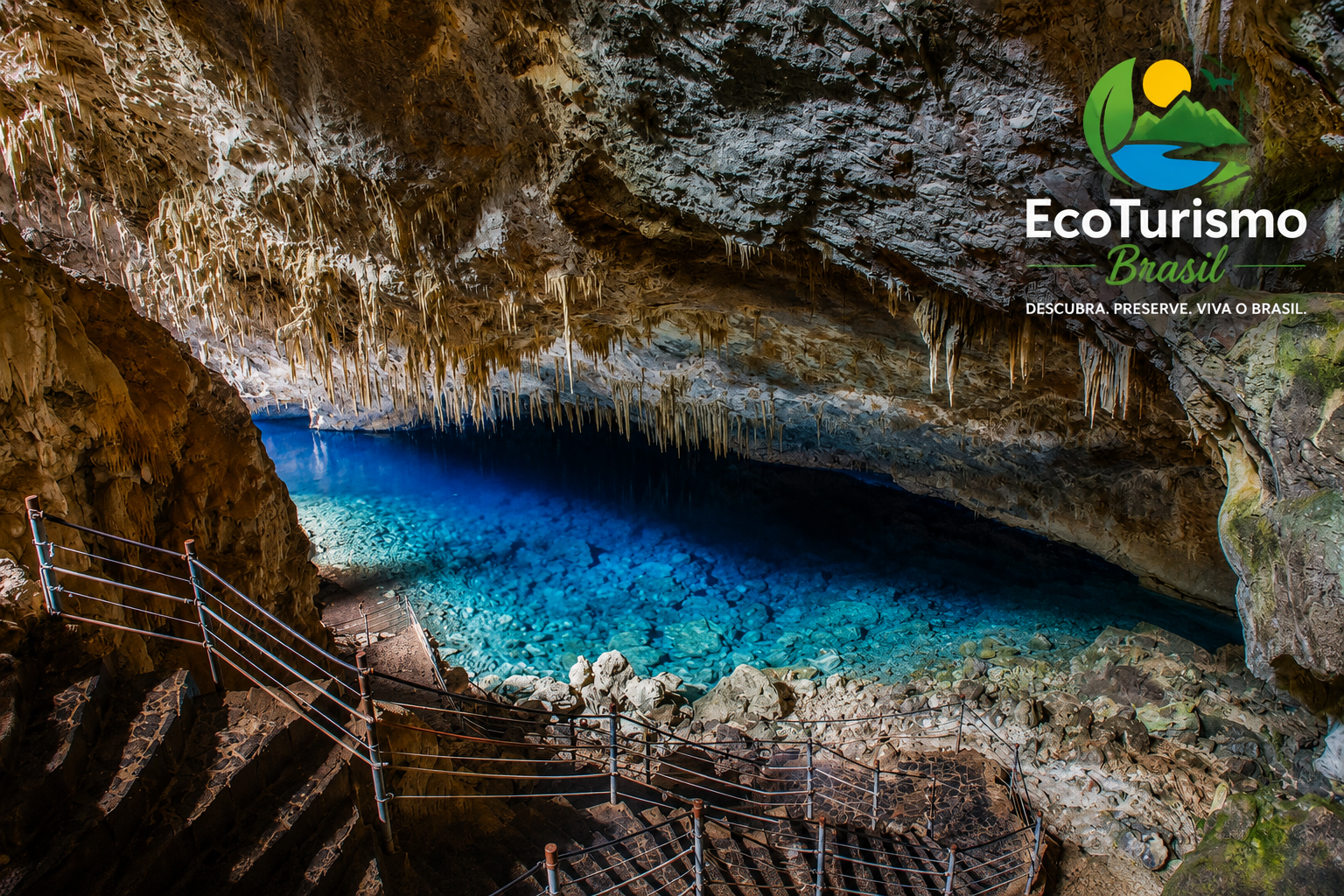A imagem mostra o interior de uma caverna de grandes dimensões, iluminada pela luz natural que entra pela abertura ao fundo. O ambiente é formado por rochas em tons de marrom, cinza e bege, criando um cenário de rara beleza natural.
No lado esquerdo da imagem há uma escadaria de pedra com corrimãos metálicos, que desce em direção ao interior da caverna. Os degraus são irregulares e acompanham o relevo rochoso, conduzindo o visitante até a margem da água.
No centro da cena encontra-se um lago de águas extremamente cristalinas, em tons que variam do azul-turquesa ao azul profundo. A transparência da água permite visualizar pedras e formações rochosas no fundo, especialmente nas áreas mais rasas próximas à entrada do lago. Em direção ao centro, a água se torna mais escura, revelando grande profundidade.
O teto da caverna é coberto por inúmeras estalactites, formações minerais alongadas que pendem do teto como pequenas pontas e cortinas de pedra. Algumas são finas e delicadas; outras são maiores e mais espessas, criando uma aparência semelhante a um grande lustre natural.
As paredes rochosas apresentam texturas irregulares, com fissuras, saliências e diferentes tonalidades que evidenciam milhares de anos de formação geológica. A iluminação natural destaca partes da caverna, enquanto outras permanecem em sombras, aumentando a sensação de profundidade e grandiosidade.
No canto superior direito está o logotipo da EcoTurismo Brasil, composto por montanhas verdes, um rio azul e um sol amarelo. Abaixo do nome aparece a frase: “Descubra. Preserve. Viva o Brasil.”
A imagem transmite uma sensação de silêncio, contemplação e admiração diante da natureza, destacando uma das paisagens subterrâneas mais impressionantes de Bonito, no Mato Grosso do Sul.