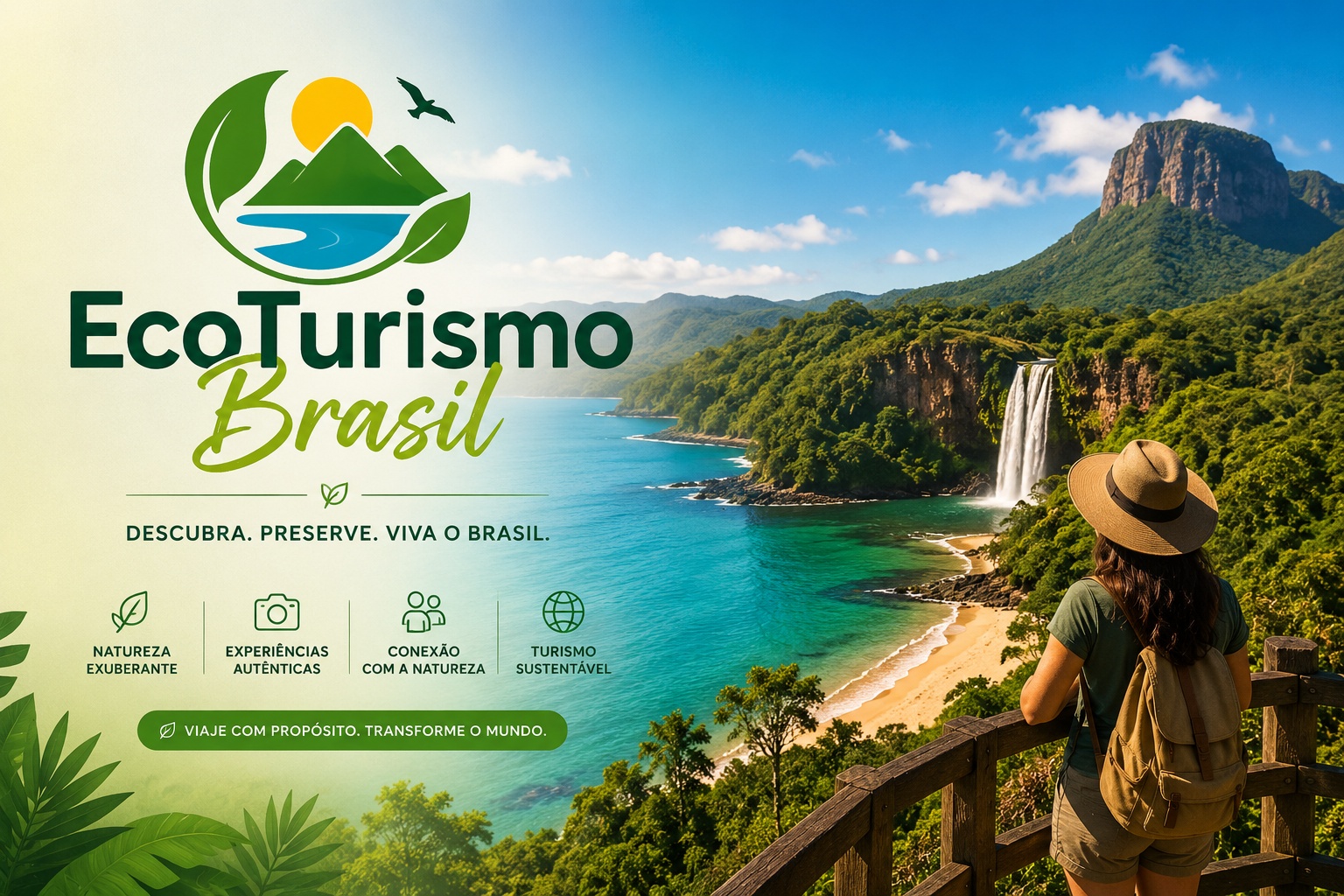 A imagem apresenta um banner promocional da empresa “Eco Turismo Brasil”. A imagem é dividida em duas partes.
No lado esquerdo, há um fundo claro com o logotipo do site: um desenho em tons de verde e azul que representa montanhas, um rio ou lago e folhas, simbolizando natureza e sustentabilidade. Abaixo do logotipo aparece o nome “EcoTurismo Brasil”, sendo “EcoTurismo” em verde escuro e “Brasil” em verde-claro, em estilo manuscrito.
Logo abaixo, está o slogan: “Descubra. Preserve. Viva o Brasil.” Também aparecem ícones relacionados à natureza, fotografia, convivência e turismo sustentável, acompanhados dos textos:
Natureza exuberante;
Experiências autênticas;
Conexão com a natureza;
Turismo sustentável.
Na parte inferior há um botão verde com a frase: “Viaje com propósito. Transforme o mundo.”
No lado direito da imagem, há uma paisagem natural exuberante. Um mar de águas azul-turquesa banha uma praia cercada por uma grande floresta verde. Ao fundo, montanhas altas se elevam sob um céu azul com poucas nuvens. Uma cachoeira desce de um penhasco em direção ao mar.
Em primeiro plano, uma pessoa vista de costas observa a paisagem de um mirante de madeira. Ela usa chapéu de palha, camiseta verde, mochila bege e roupas de trilha, transmitindo a ideia de aventura e contato com a natureza.
A imagem procura transmitir sensações de preservação ambiental, aventura, turismo sustentável e valorização das belezas naturais do Brasil.
