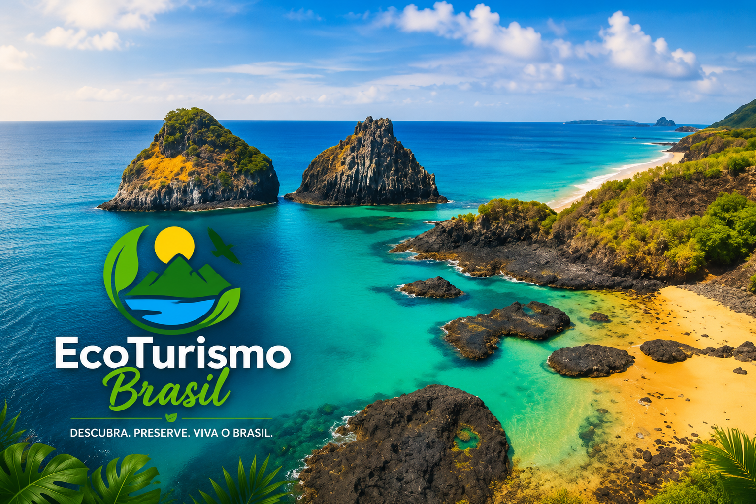 Imagem promocional de ecoturismo. Ao fundo, uma paisagem litorânea paradisíaca com mar em tons de azul-turquesa e verde-esmeralda. No centro da cena, duas grandes formações rochosas emergem da água cristalina. À direita, uma faixa de areia dourada acompanha a curva da costa, cercada por vegetação verde e rochas escuras.
O céu é azul-claro, com nuvens brancas espalhadas, transmitindo sensação de dia ensolarado e agradável. No canto inferior esquerdo, aparecem folhas tropicais decorativas.
Sobre a paisagem há um logotipo com elementos da natureza: folhas verdes, montanhas, um sol amarelo e um pássaro em voo. Abaixo do símbolo está escrito, em letras grandes, 